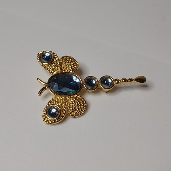 Cute Blue And Gold Tone Dragonfly Brooch - Picture 1 of 7